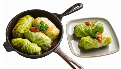 Poster - cabbage rolls with filling on plate and in pan