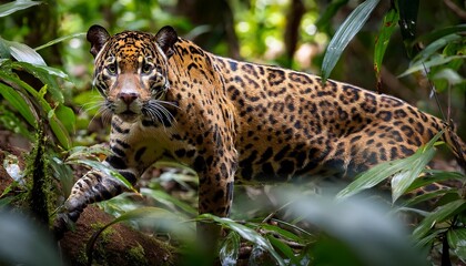 agile jaguarundi stealthily maneuvering through lush amazon rainforest foliage