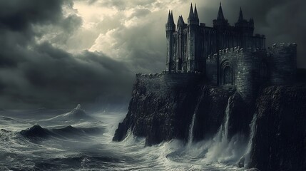 Wall Mural - Gothic castle perched on a cliff stormy ocean moody dramatic deep shadows high contrast intricately detailed 3D architecture