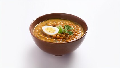 Wall Mural - bowl of lentil soup with egg dal channa chatni chat dahi bali proteins rich food lentil on white background