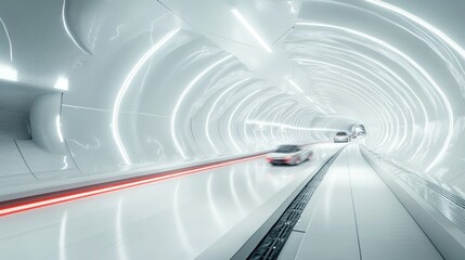 Canvas Print - Futuristic Tunnel with Cars Driving Through a White Circular Pathway