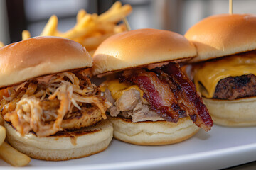 Poster - Three sliders with cheese and bacon, pulled pork and a crab cake served on buns, with a side of fries.