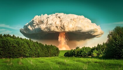 Wall Mural - detailed depiction of a nuclear mushroom cloud rising from a lush landscape against a vibrant green backdrop generative ai