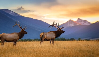 two majestic bull elks in a golden meadow at dusk with mountains in the backdrop generative ai