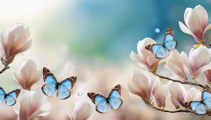 Wall Mural - a vision of ethereal grace creamy magnolia flowers with dew and blue butterflies