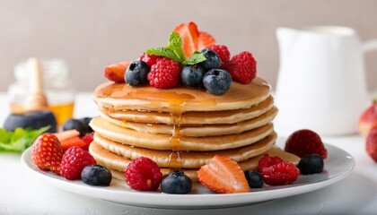 Poster - delicious stack of pancakes with fresh berries and maple syrup drizzle perfect breakfast spread with sweet and fruity toppings