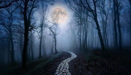 Wall Mural - a misty path winds through a dense haunted forest under a ghostly moonlit sky creating a sense of foreboding