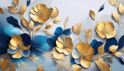 Wall Mural - abstract background with gold and blue flowers modern luxury mural wall art illustration generative ai