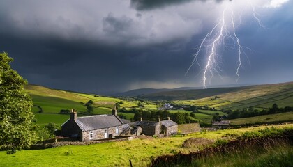 Wall Mural - lightning over the welsh countryside serene yet powerful bolts illuminating rolling hills stone cottages and lush fields during storm