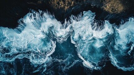 Aerial View of Crashing Waves Against a Rocky Coastline