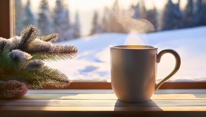 Wall Mural - a cozy winter scene featuring a steaming cup near a decorated pine tree and snowy landscape outside the window