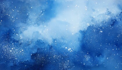 Wall Mural - blue watercolor space background with white dust particles and star glitters