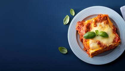 Wall Mural - homemade lasagna with fresh basil on a dark blue background providing copy space image