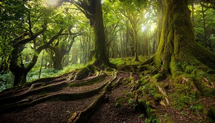 magical forest in summer beautiful nature scenery colorful trees and roots the scene of beautiful forest in a magical natural environment