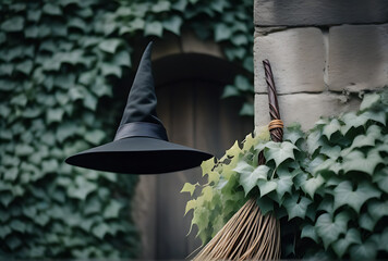 witch hat broomstick leaning spooky wall