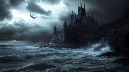 Wall Mural - Gothic castle perched on cliff stormy ocean deep shadows high contrast moody dramatic intricately detailed 3D architecture