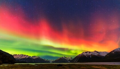 aurora new zealand colorful red yellow green aurora lights aurora australis new zealand southern lights over mountains new zealand landscape background banner