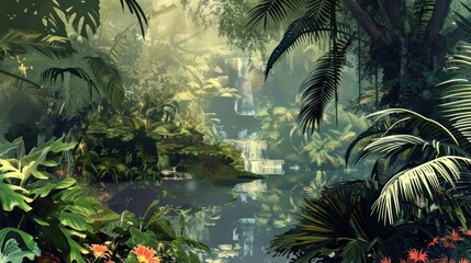 Wall Mural - Tropical Paradise with Lush Cliffs, Palm Trees, and Serene Beach under a Bright Blue Sky