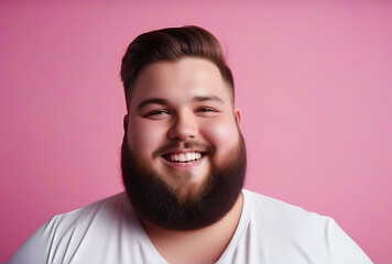 happy young man overweight beard pink background isolated solid color