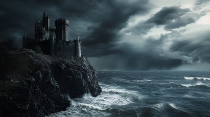 Castle on a cliff stormy ocean deep shadows high contrast dark gothic moody dramatic intricately detailed 3D architecture