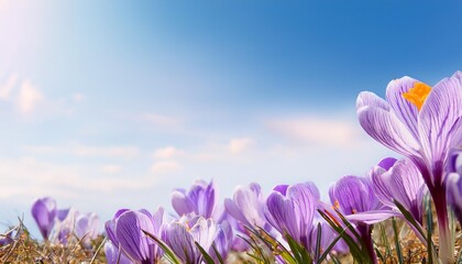 natural autumn background with delicate lilac crocus flowers on blue sky banner