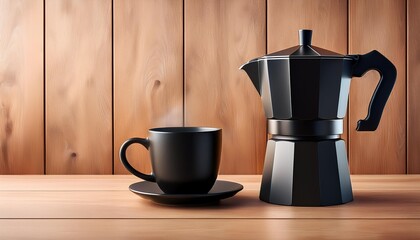 Wall Mural - coffee cup black moka pot on wooden counter with wooden wall