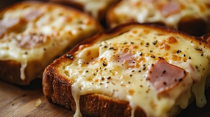 A close-up of traditional French croque monsieur, with melted cheese and ham on toasted bread.