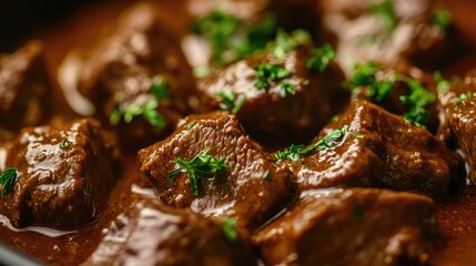 A close-up of traditional Hungarian goulash, featuring tender beef and paprika-rich sauce.