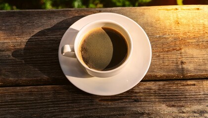 Wall Mural - a single cup of coffee sits on a rustic wooden table ready for a warm morning pick me up