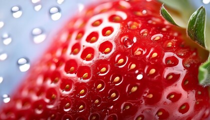 macro shot of glistening strawberries vibrant red color intricate seed patterns water droplets soft natural lighting enhancing texture