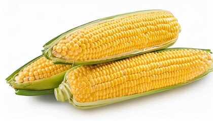 Wall Mural - three fresh raw yellow ears of corn isolated on white transparent background food ingredient design element farm harvest agriculture