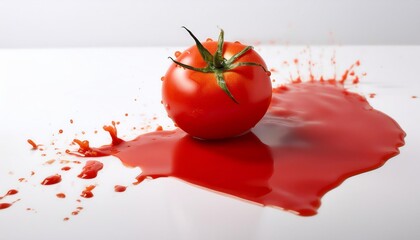 Wall Mural - a vibrant red tomato spilled and rolling on the pristine white floor catching the eye in an abstract scene