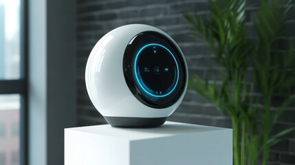 Poster - White Spherical Smart Speaker with a Blue Glowing Display