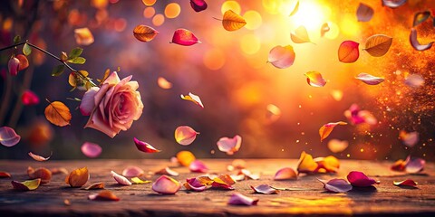 Poster - Rose petals falling slowly through the air in a tranquil backdrop of orange and purple hues capturing the serenity of a summer evening delicate gentle whimsical peaceful dreamy soft romantic 