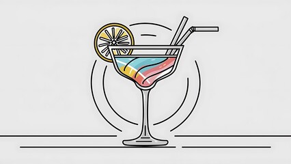 A glass with a cocktail, two straws and a lemon or orange on the rim of the glass, linear vector illustration