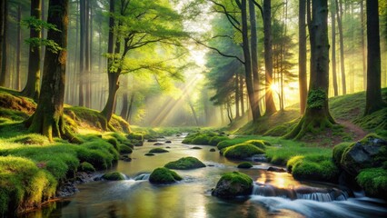  Serene forest landscape with a winding stream, vibrant greenery, and misty sunlight filtering through towering trees, evoking a sense of tranquility and connection to nature.