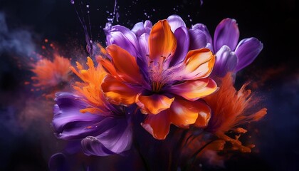 Wall Mural - a stunning portrait of vibrant purple and orange blossoms against a dark backdrop adorned with an exuberant splash of paint at its base