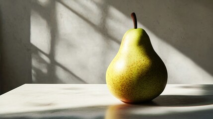 Poster - A Single Yellow Pear on a White Surface with Shadowy Window Light