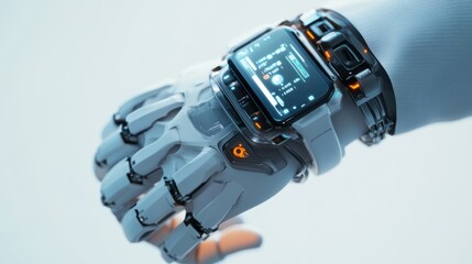 Poster - Closeup of a Futuristic Robotic Hand with a Digital Display