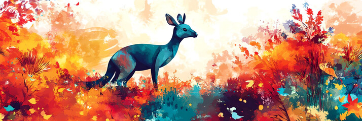 a kangaroo standing in a vibrant, abstract forest, blending nature with imaginative design elements.
