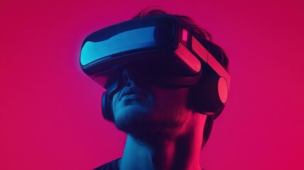 Poster - Man Immersed in Virtual Reality with Neon Lighting