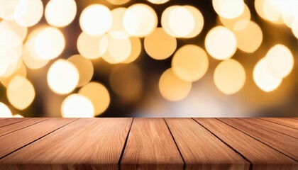 wooden tabletop with blurred bokeh lights in background