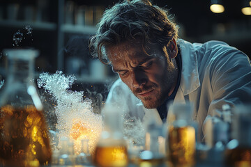 Poster - a chemist mixing substances in a lab, watching a reaction unfold. concept of chemical reactions and 