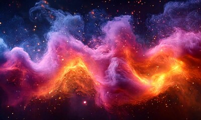 abstract cosmic nebula with swirling clouds of blue, pink, and orange gas.