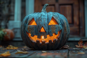 Poster - A carved jack-o'-lantern with a flickering candle inside, casting eerie shadows on a porch. Concept of Halloween decorations and traditions.