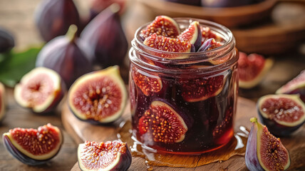 Wall Mural - Rustic jar of fresh figs and fig jam on wooden table.