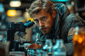 Poster - a biologist examining a rare species under a microscope, captivated by the details. concept of biolo