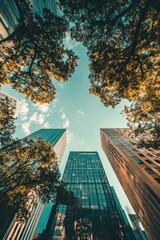 Poster - Towering Reflections: Skyscrapers Amidst Autumn Foliage