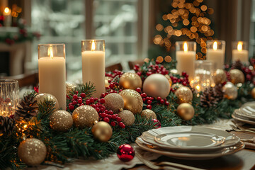 Wall Mural - A beautifully set Christmas dinner table with candles, holly, and a festive centerpiece. Concept of holiday feasting and family gatherings.