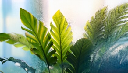 Wall Mural - blurred background of tropical plant leaves plant behind frosted glass